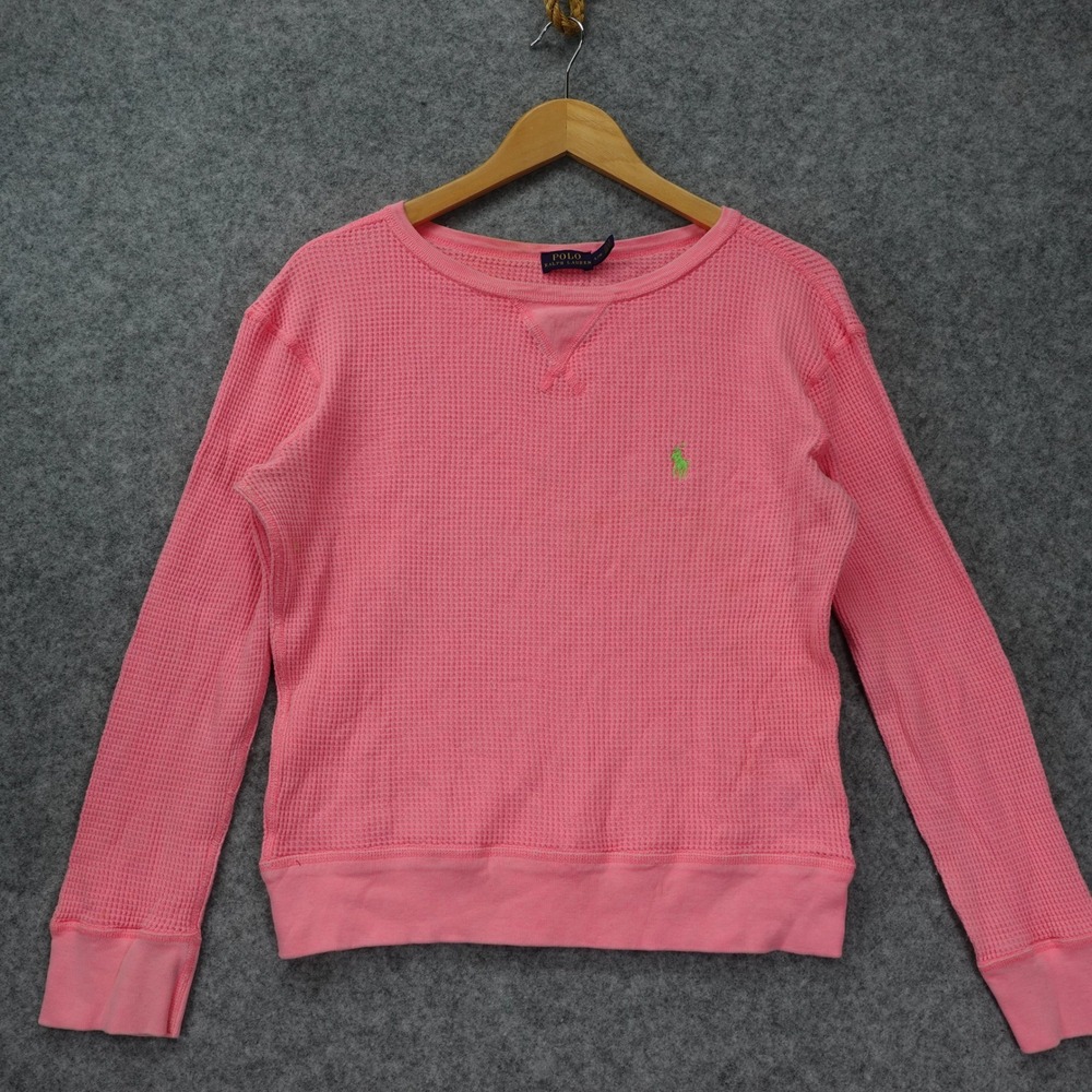 Polo Ralph Lauren Waffle Knit Sweater Womens L Pink Neon Pony Thermal Top Preppy